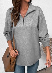 Tummy Coverage Grey Long Sleeve Turn Down Collar Sweatshirt