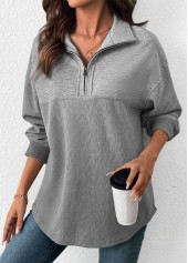 Tummy Coverage Grey Long Sleeve Turn Down Collar Sweatshirt
