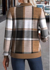 Plaid Zipper Dark Coffee Long Sleeve Stand Collar Jacket