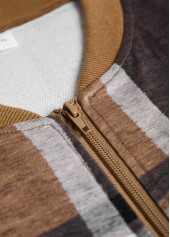 Plaid Zipper Dark Coffee Long Sleeve Stand Collar Jacket