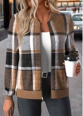 Plaid Zipper Dark Coffee Long Sleeve Stand Collar Jacket
