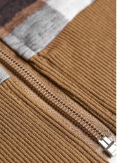 Plaid Zipper Dark Coffee Long Sleeve Stand Collar Jacket