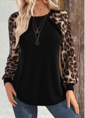 Leopard Patchwork Black Long Sleeve Round Neck Sweatshirt