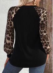 Leopard Patchwork Black Long Sleeve Round Neck Sweatshirt