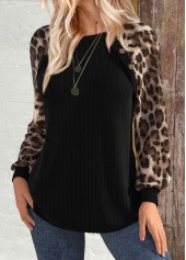 Leopard Patchwork Black Long Sleeve Round Neck Sweatshirt