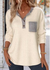 Button Beige Long Sleeve Split Neck Sweatshirt