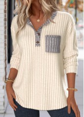Button Beige Long Sleeve Split Neck Sweatshirt