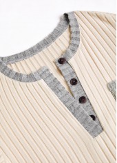 Button Beige Long Sleeve Split Neck Sweatshirt