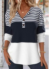 Plus Size Navy Button Striped Long Sleeve Sweatshirt