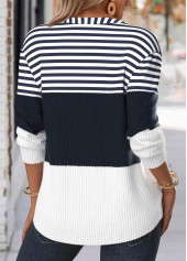 Plus Size Navy Button Striped Long Sleeve Sweatshirt