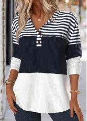 Plus Size Navy Button Striped Long Sleeve Sweatshirt