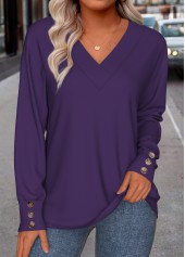 Button Purple Long Sleeve V Neck Sweatshirt