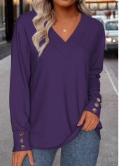 Button Purple Long Sleeve V Neck Sweatshirt
