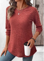 Curved Hem Brick Red Long Sleeve T Shirt