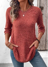 Curved Hem Brick Red Long Sleeve T Shirt