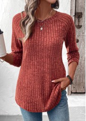 Curved Hem Brick Red Long Sleeve T Shirt