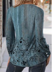 Floral Print Button Peacock Blue Long Sleeve T Shirt