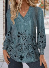 Floral Print Button Peacock Blue Long Sleeve T Shirt
