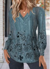 Floral Print Button Peacock Blue Long Sleeve T Shirt