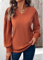 Tummy Coverage Terracotta Long Sleeve V Neck T Shirt
