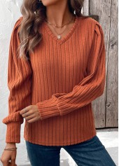 Tummy Coverage Terracotta Long Sleeve V Neck T Shirt