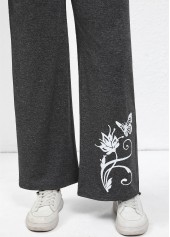 Butterfly Print Drawstring Dark Grey Wide Leg Pants