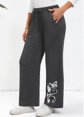 Butterfly Print Drawstring Dark Grey Wide Leg Pants