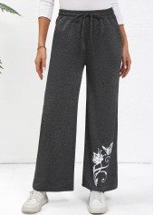Butterfly Print Drawstring Dark Grey Wide Leg Pants