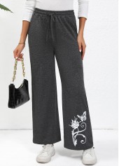 Butterfly Print Drawstring Dark Grey Wide Leg Pants