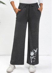Butterfly Print Drawstring Dark Grey Wide Leg Pants