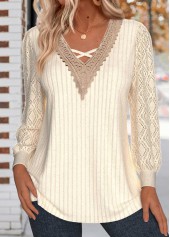 Criss Cross Beige Long Sleeve V Neck T Shirt