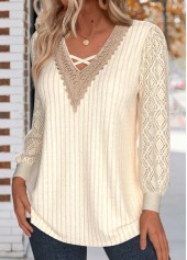 Criss Cross Beige Long Sleeve V Neck T Shirt