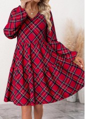Plaid Patchwork Wine Red Long Sleeve V Neck Dress