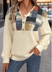 Plus Size Light Yellow Button Geometric Print Sweatshirt