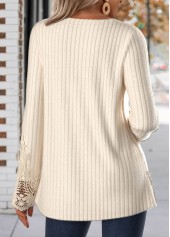 Embroidery Beige Long Sleeve Round Neck T Shirt