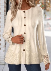 Embroidery Beige Long Sleeve Round Neck T Shirt
