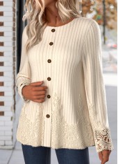 Embroidery Beige Long Sleeve Round Neck T Shirt