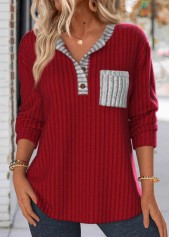 Button Wine Red Long Sleeve Split Neck Sweatshirt