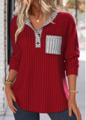 Button Wine Red Long Sleeve Split Neck Sweatshirt