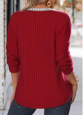Button Wine Red Long Sleeve Split Neck Sweatshirt