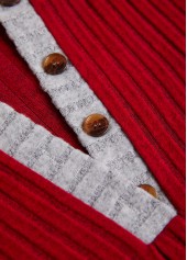 Button Wine Red Long Sleeve Split Neck Sweatshirt