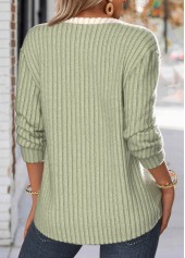 Patchwork Sage Green Long Sleeve Split Neck Sweatshirt