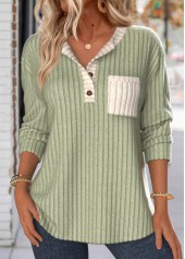 Patchwork Sage Green Long Sleeve Split Neck Sweatshirt