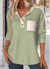 Patchwork Sage Green Long Sleeve Split Neck Sweatshirt