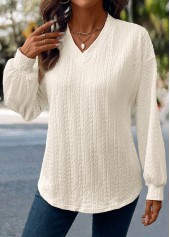 Jacquard Beige Long Sleeve V Neck T Shirt