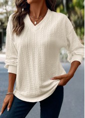 Jacquard Beige Long Sleeve V Neck T Shirt