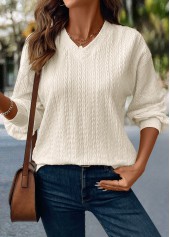 Jacquard Beige Long Sleeve V Neck T Shirt