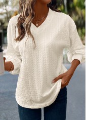 Jacquard Beige Long Sleeve V Neck T Shirt