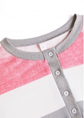 Striped Patchwork Pink Long Sleeve Split Neck Sweatshirt