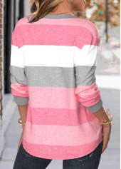 Striped Patchwork Pink Long Sleeve Split Neck Sweatshirt